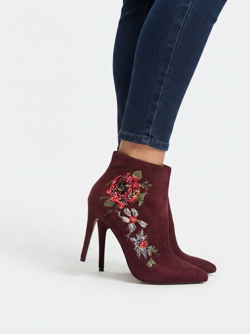 Bebe Women's Burgundy Suede Embroidered Stiletto Ankle Boots